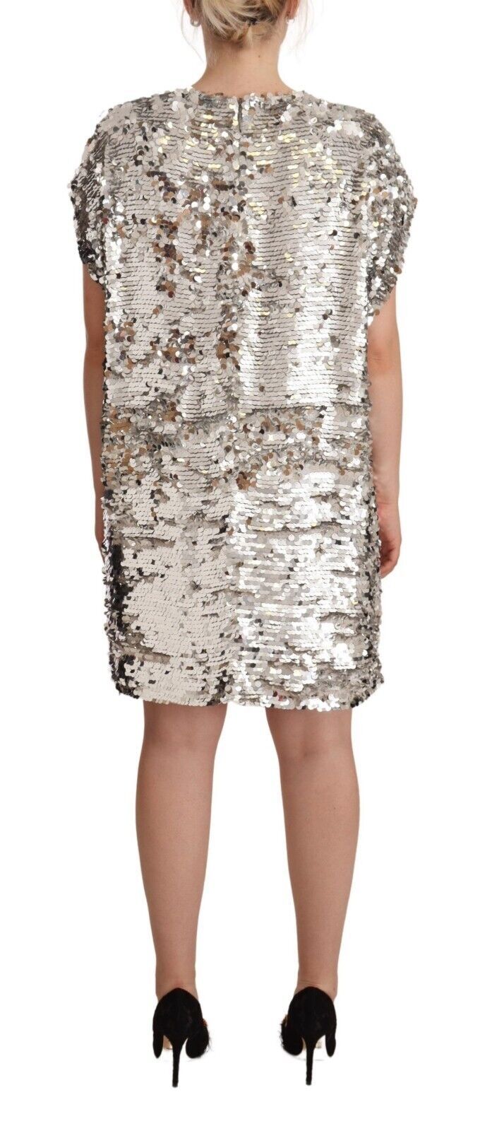 MSGM Silver Sequined Polyester Short Sleeves Shift Mini Dress MSGM