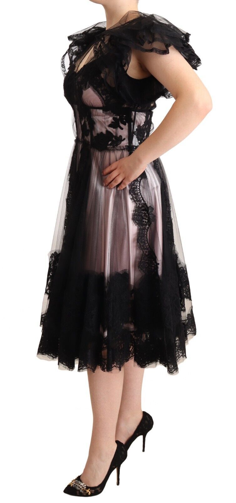Dolce & Gabbana Black Pink Floral Lace A-line Midi Sheer Dress Dolce & Gabbana
