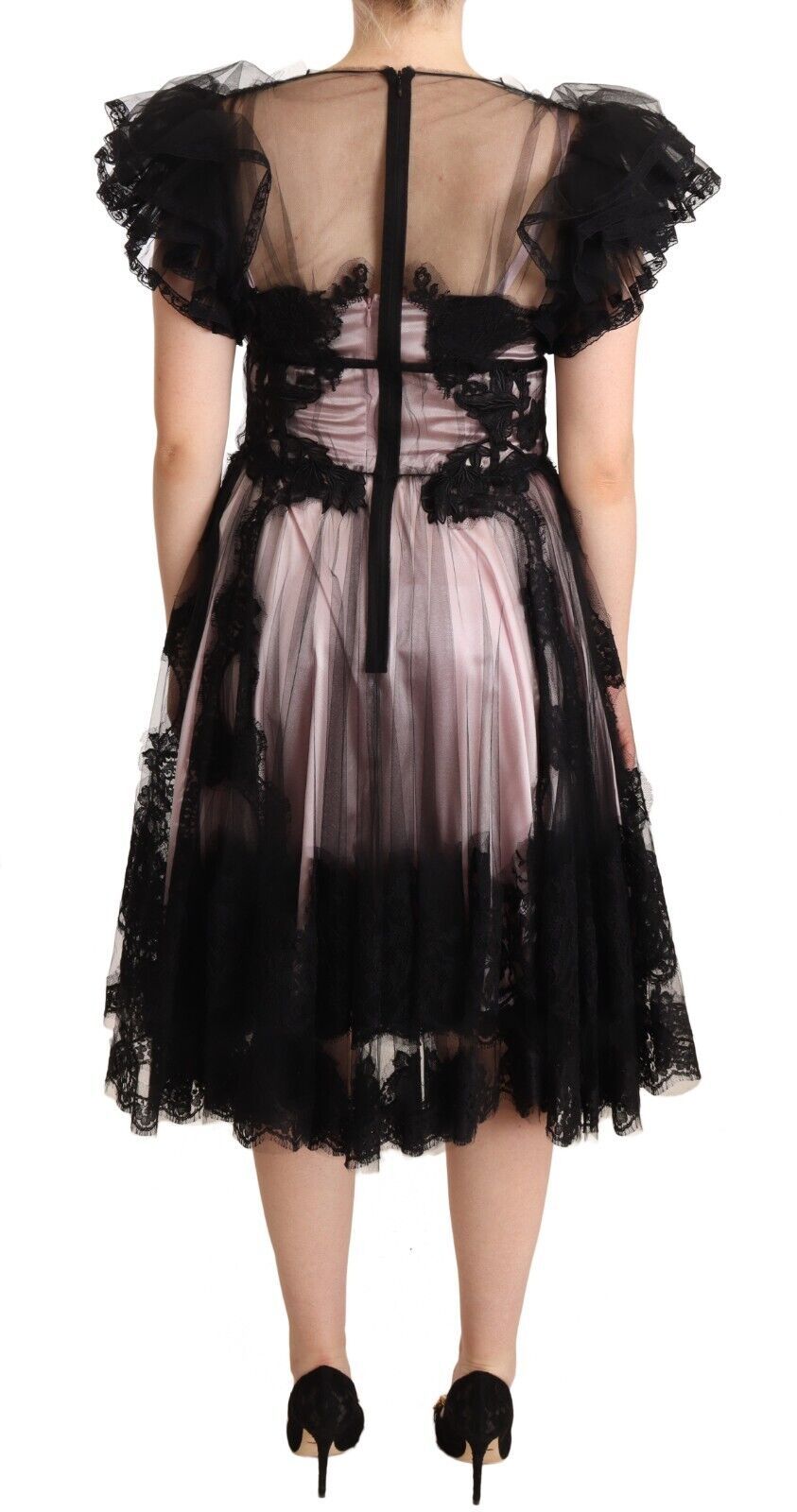 Dolce & Gabbana Black Pink Floral Lace A-line Midi Sheer Dress Dolce & Gabbana