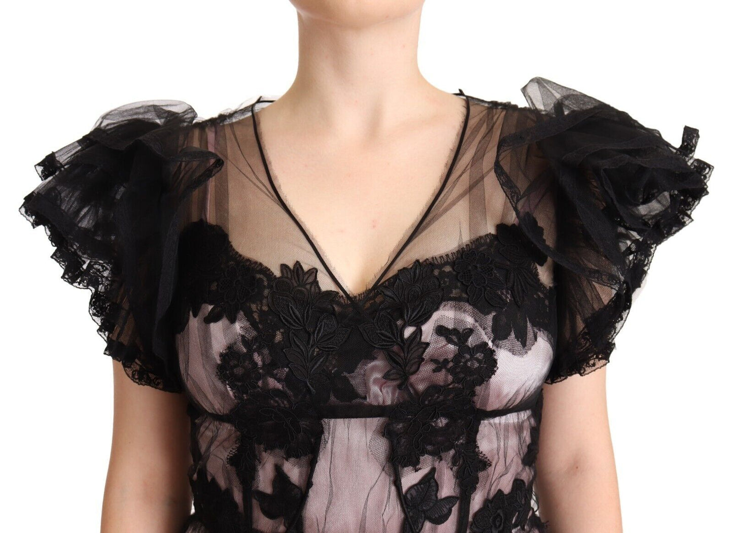 Dolce & Gabbana Black Pink Floral Lace A-line Midi Sheer Dress Dolce & Gabbana