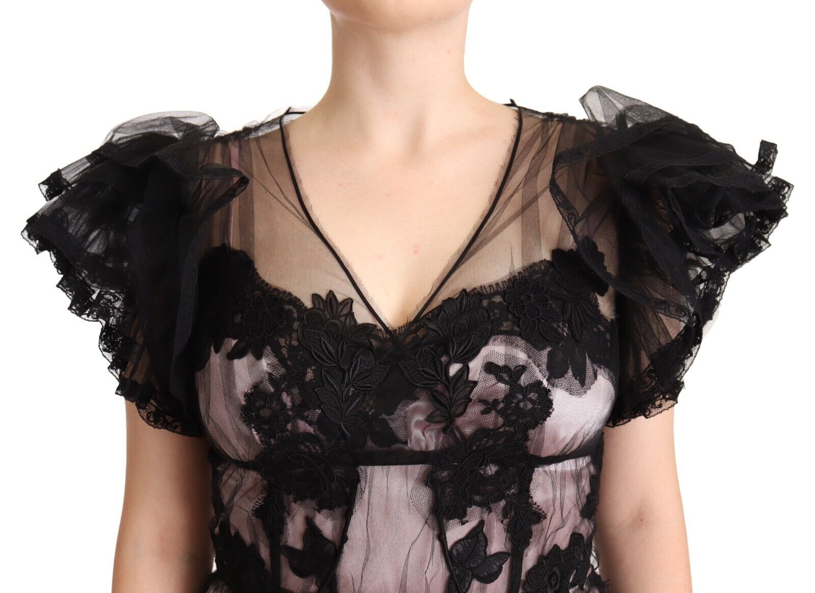 Dolce & Gabbana Black Pink Floral Lace A-line Midi Sheer Dress Dolce & Gabbana