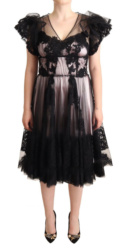 Dolce & Gabbana Black Pink Floral Lace A-line Midi Sheer Dress Dolce & Gabbana