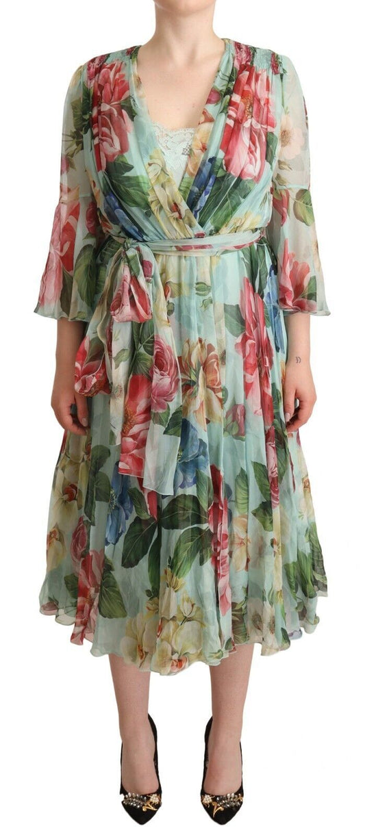 Dolce & Gabbana Green Floral Long Sleeves V-neck Midi Dress Dolce & Gabbana