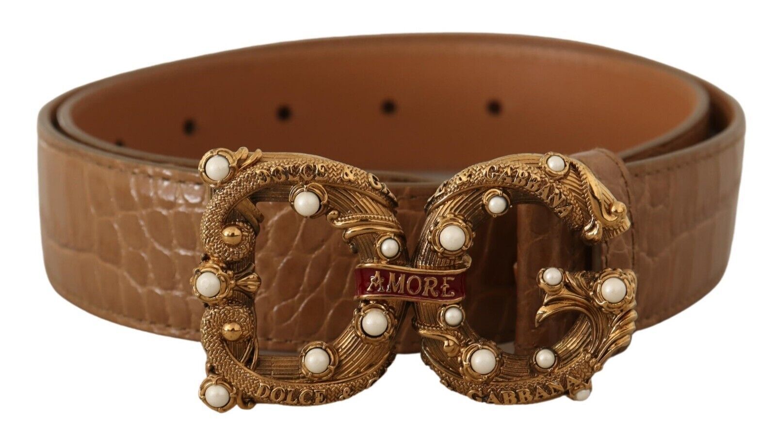 Dolce & Gabbana Brown Crocodile Pattern Leather Logo Amore Belt Dolce & Gabbana