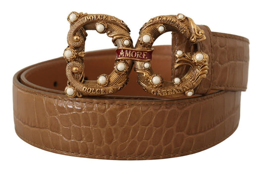 Dolce & Gabbana Brown Crocodile Pattern Leather Logo Amore Belt Dolce & Gabbana
