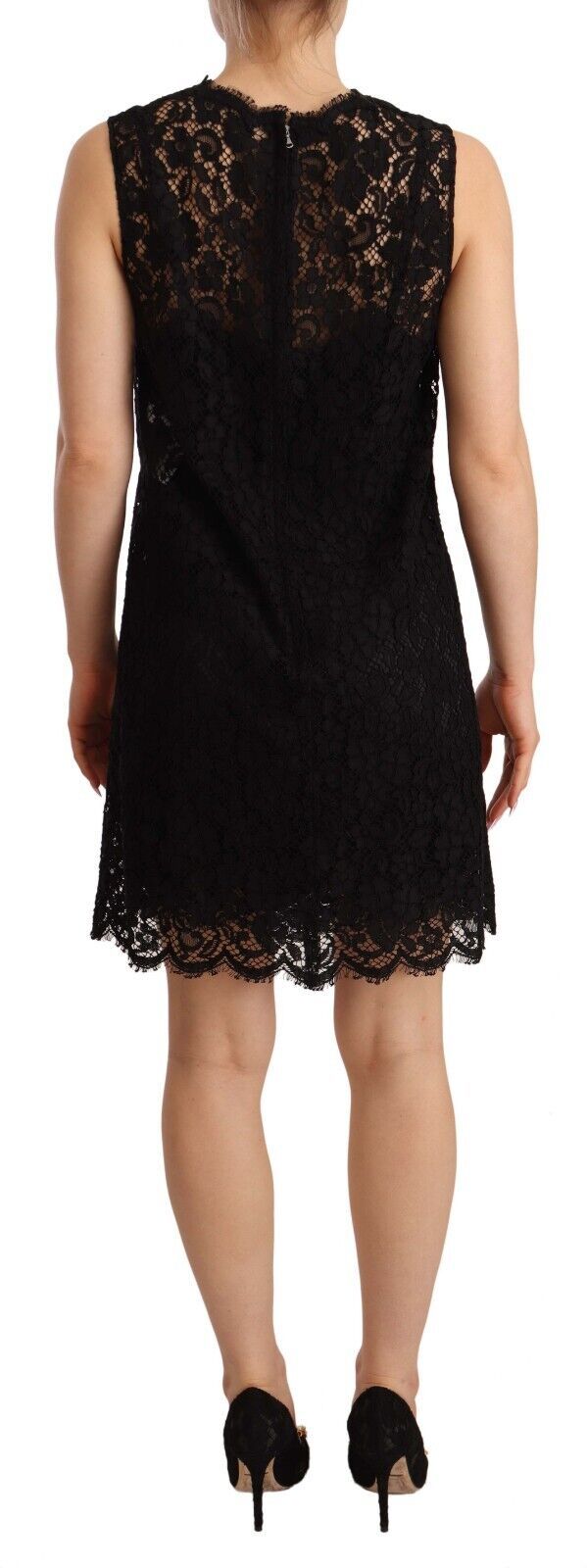 Dolce & Gabbana black floral lace sheath sleeveless mini dress shown on model, detailed lace fabric and fitted silhouette.