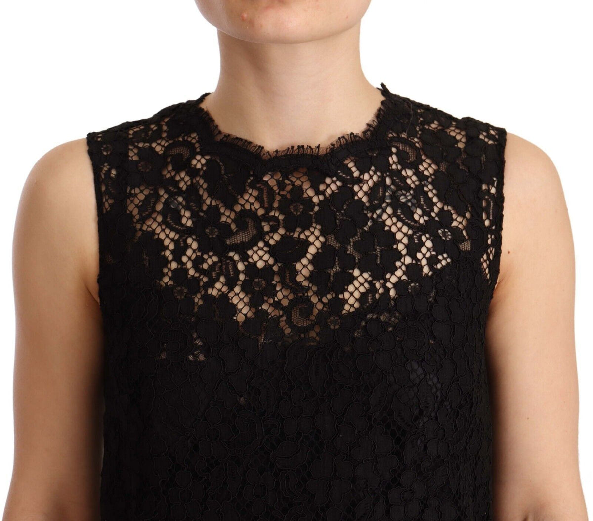 Black floral lace Dolce & Gabbana sheath sleeveless mini dress displayed on a mannequin.