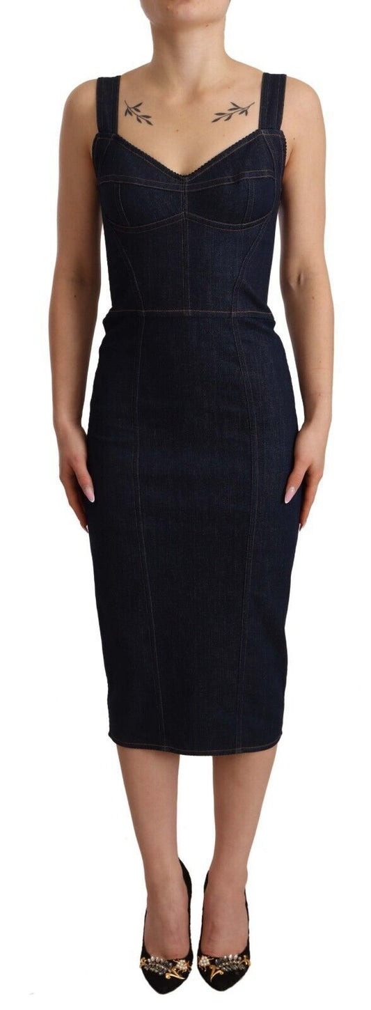 Dolce & Gabbana Dark Blue Cotton Denim Sheath Midi Dress Dolce & Gabbana