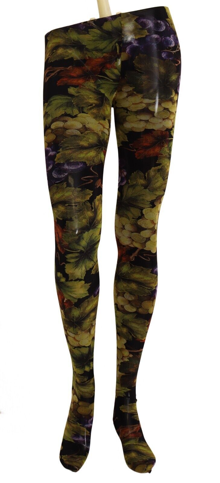 Dolce & Gabbana black tights with grape print design, sheer stockings featuring fruit-themed pattern and elegant style.