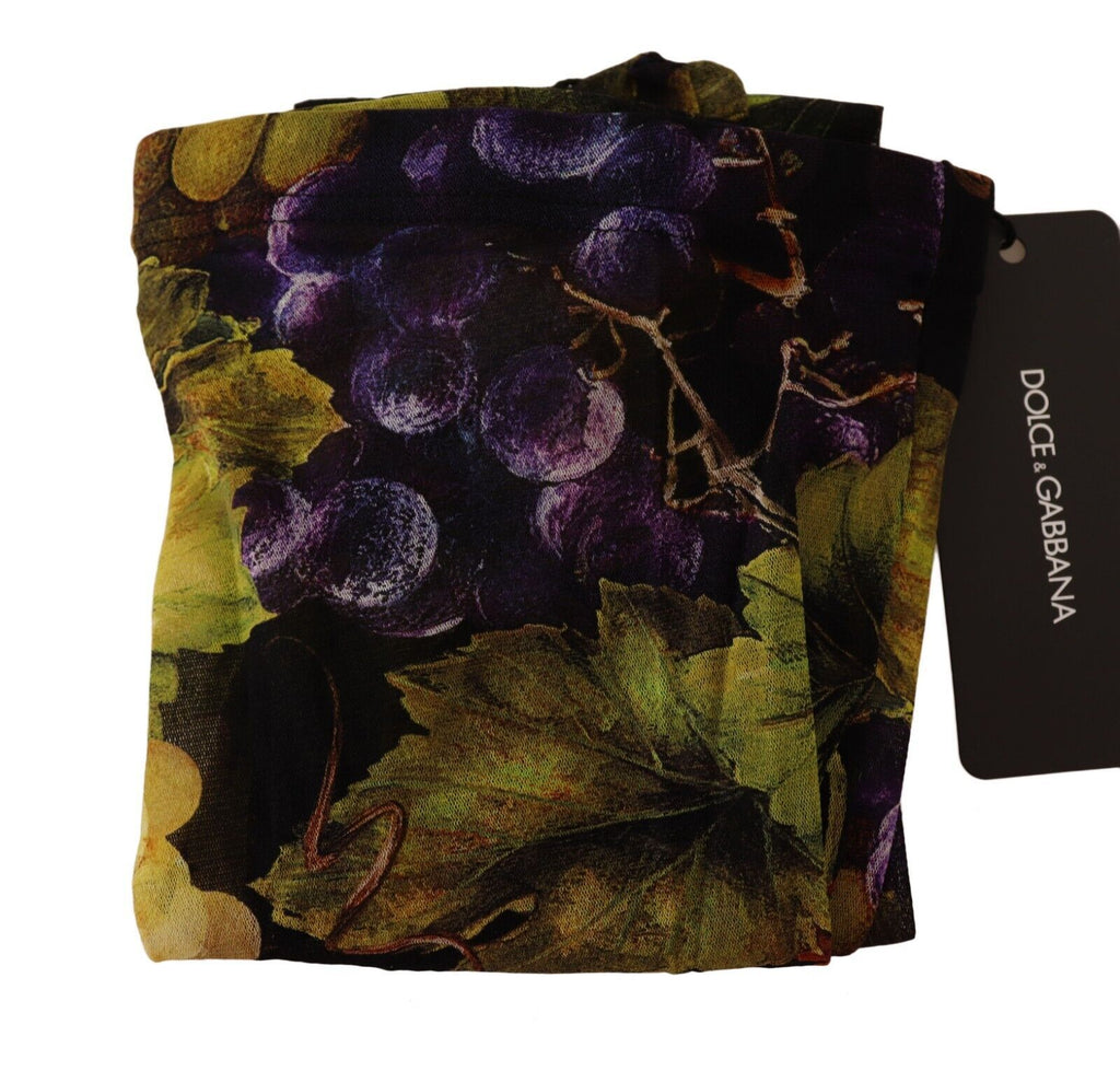 Dolce & Gabbana black stockings featuring a grapes print pattern, showcasing stylish and intricate hosiery design.