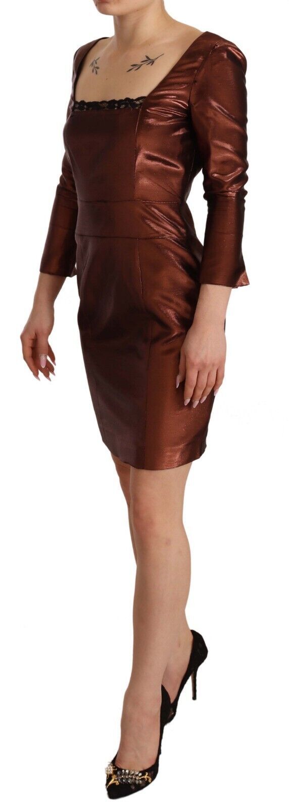 GF Ferre Metallic Brown Long Sleeves Square Neck Sheath Dress GF Ferre
