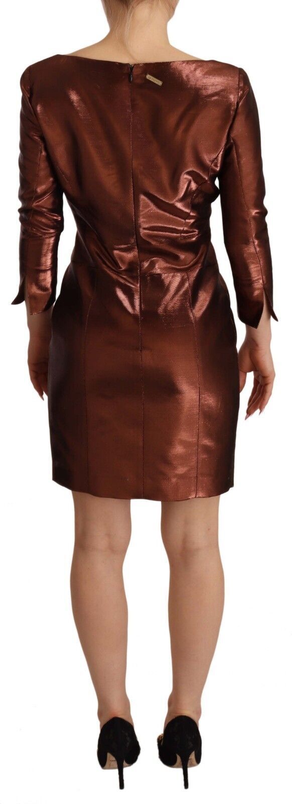 GF Ferre Metallic Brown Long Sleeves Square Neck Sheath Dress GF Ferre