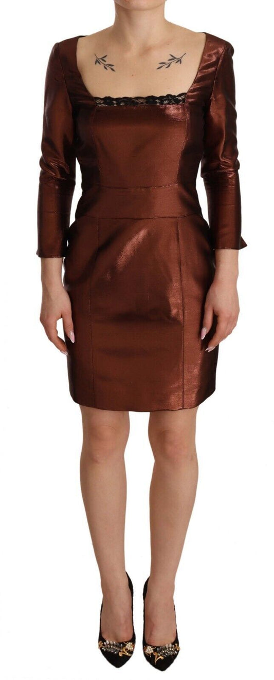 GF Ferre Metallic Brown Long Sleeves Square Neck Sheath Dress GF Ferre