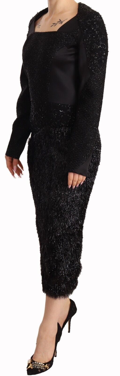 Masha Ma Black Studs Embellished Long Sleeves Sheath Midi Dress Masha Ma