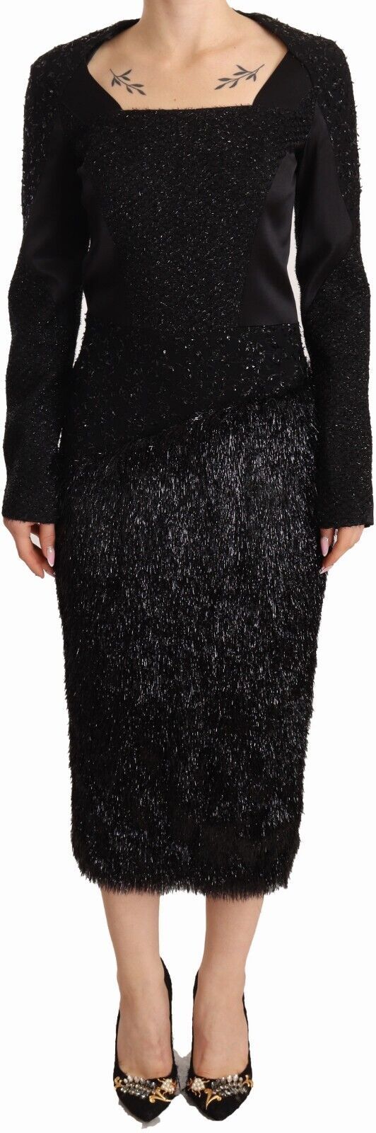 Masha Ma Black Studs Embellished Long Sleeves Sheath Midi Dress Masha Ma