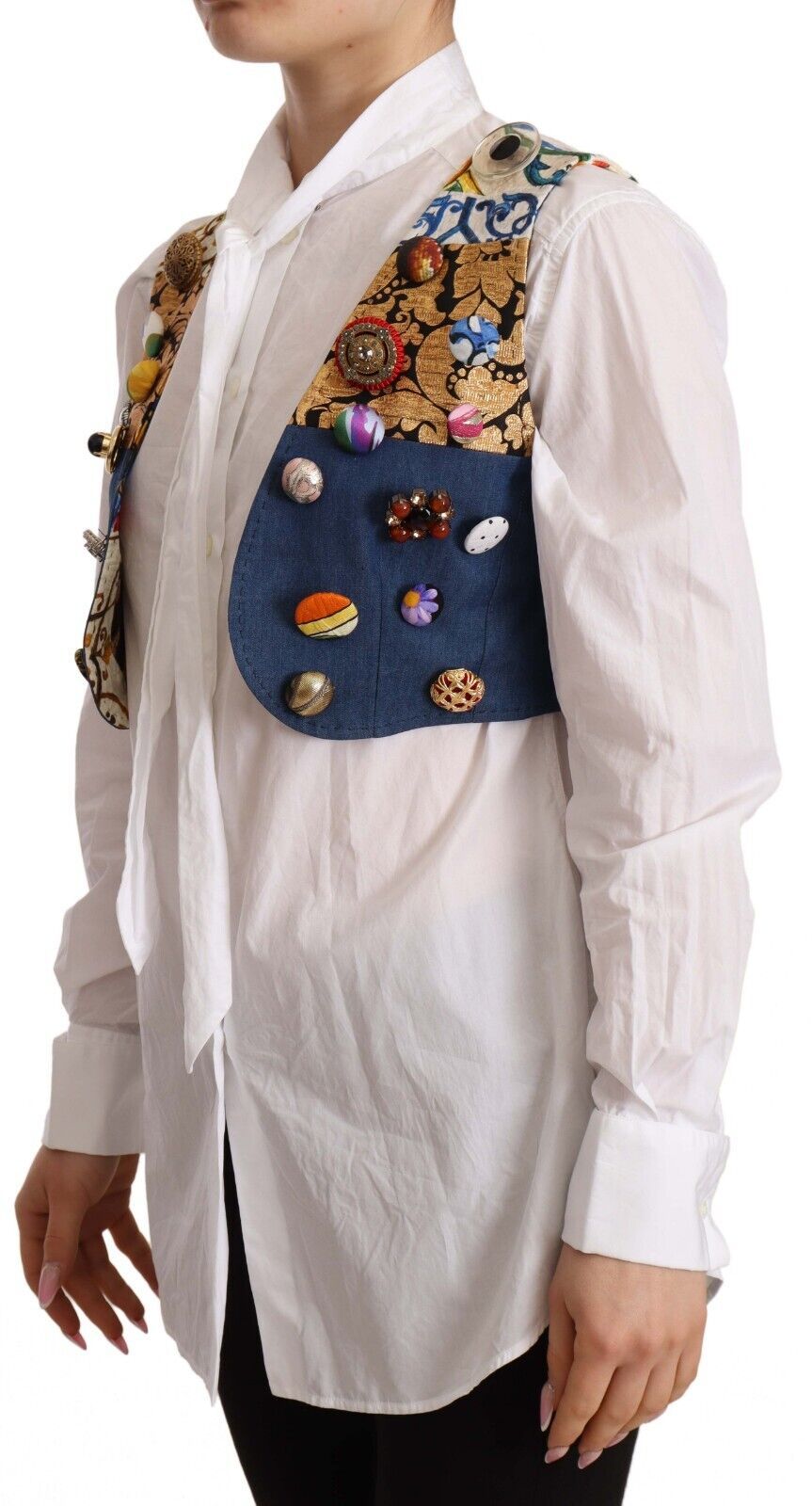 Dolce & Gabbana Multicolor Embellished Waist Coat Cotton Top Dolce & Gabbana