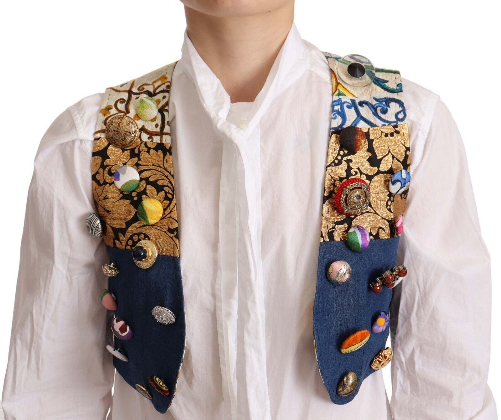 Dolce & Gabbana Multicolor Embellished Waist Coat Cotton Top Dolce & Gabbana