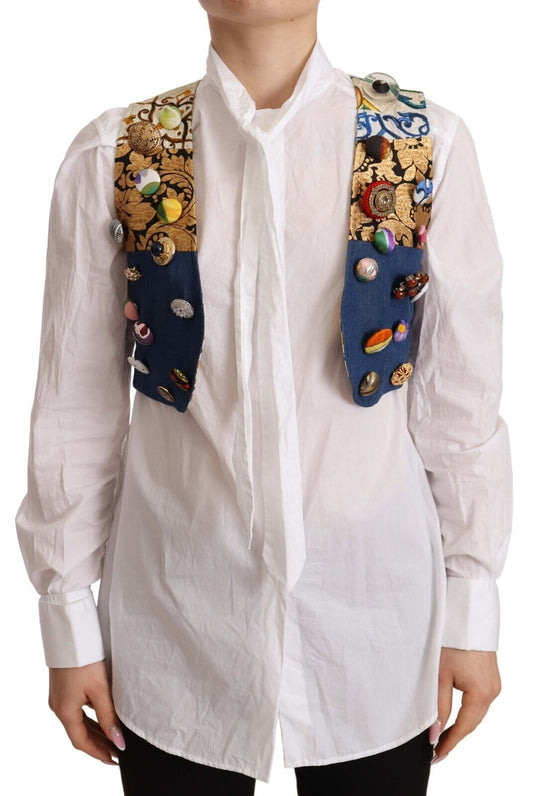 Dolce & Gabbana Multicolor Embellished Waist Coat Cotton Top Dolce & Gabbana