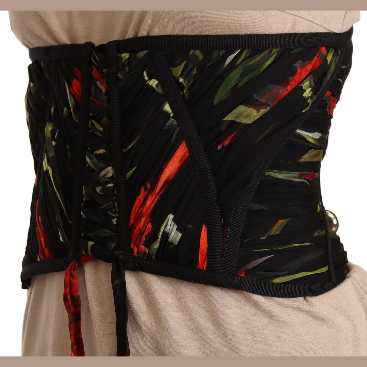 Dolce & Gabbana Black Corset Belt Stretch Waist Strap Silk Top