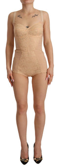 Dolce & Gabbana Beige Nylon Floral Lace Bodysuit Underwear - Eljoys Fashion 