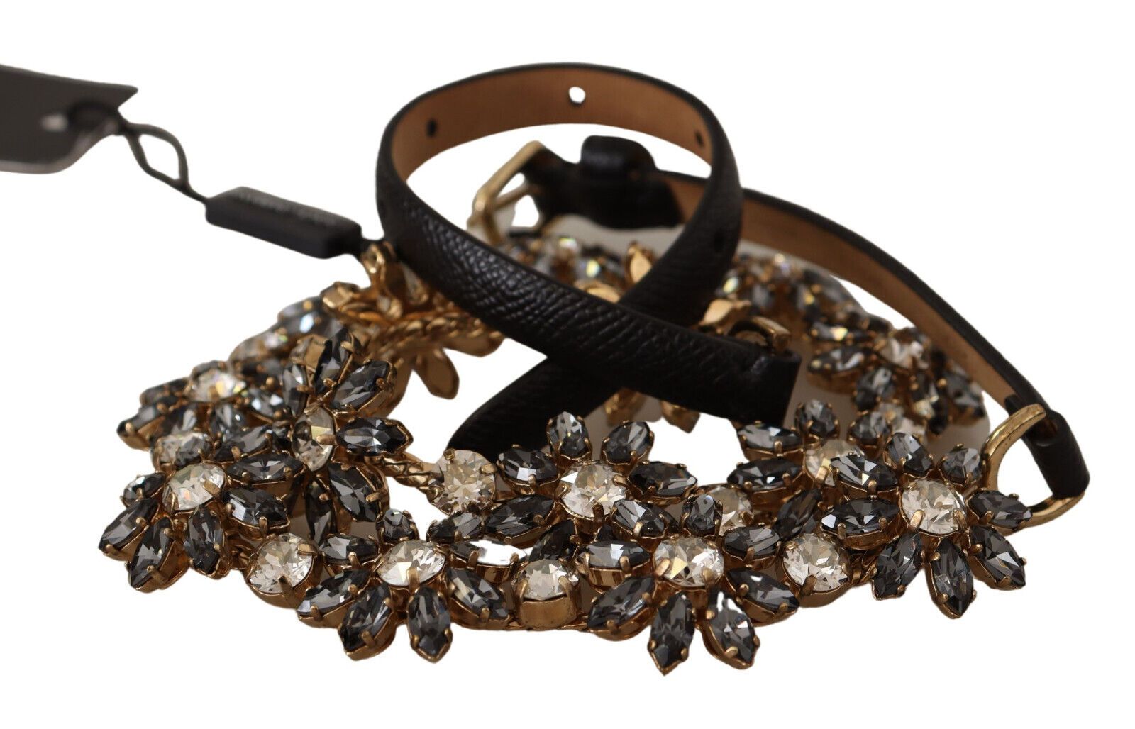 Dolce & Gabbana Black Daisy Crystal Dauphine Texture Belt Dolce & Gabbana