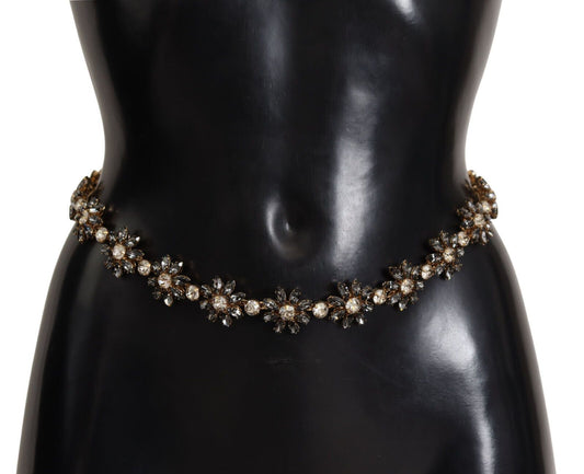 Dolce & Gabbana Black Daisy Crystal Dauphine Texture Belt Dolce & Gabbana