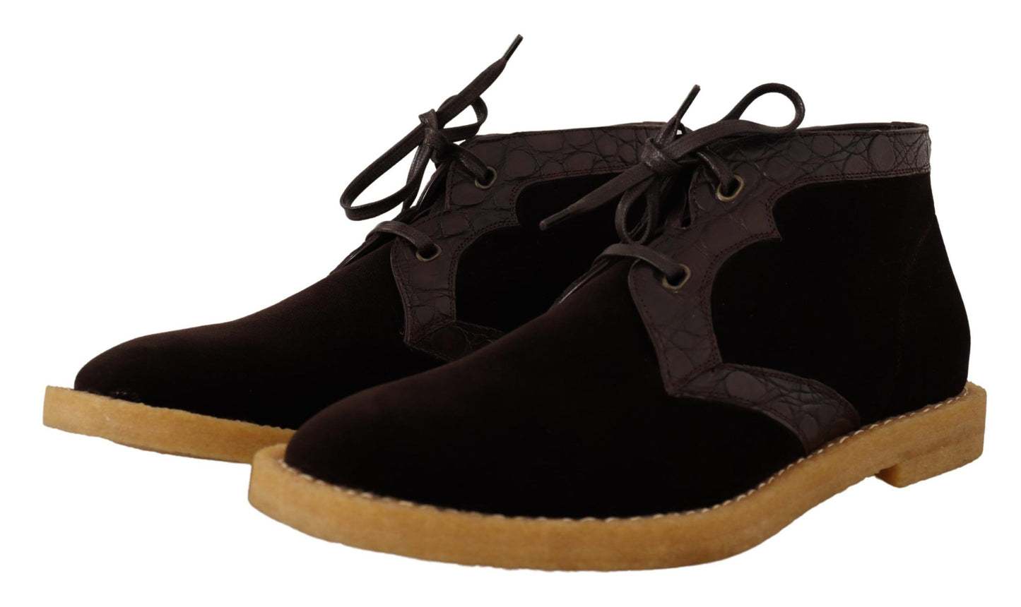 Dolce & Gabbana Brown Velvet Exotic Leather Boots Dolce & Gabbana