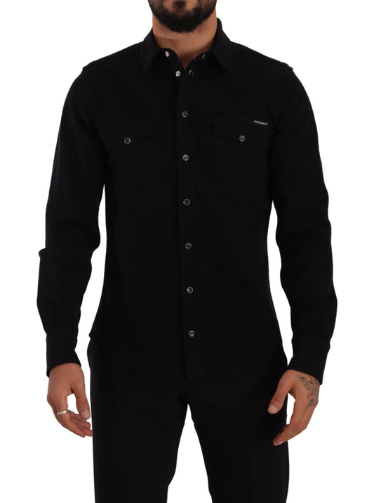 Dolce & Gabbana Black Slim Cotton Denim Stretch Shirt Dolce & Gabbana