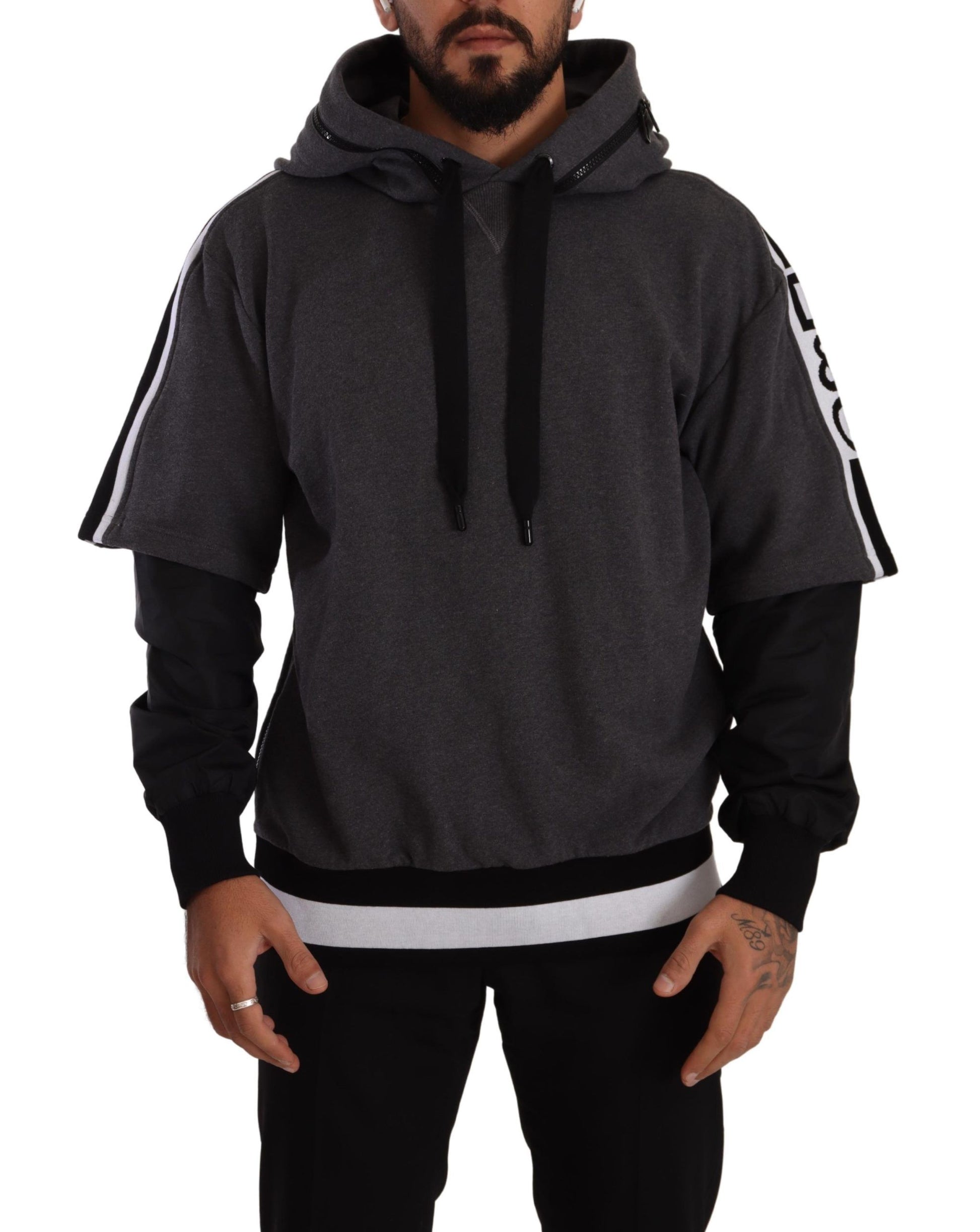 Dolce & Gabbana Gray Black Cotton Hooded #DGMILLENNIALS Sweater Dolce & Gabbana