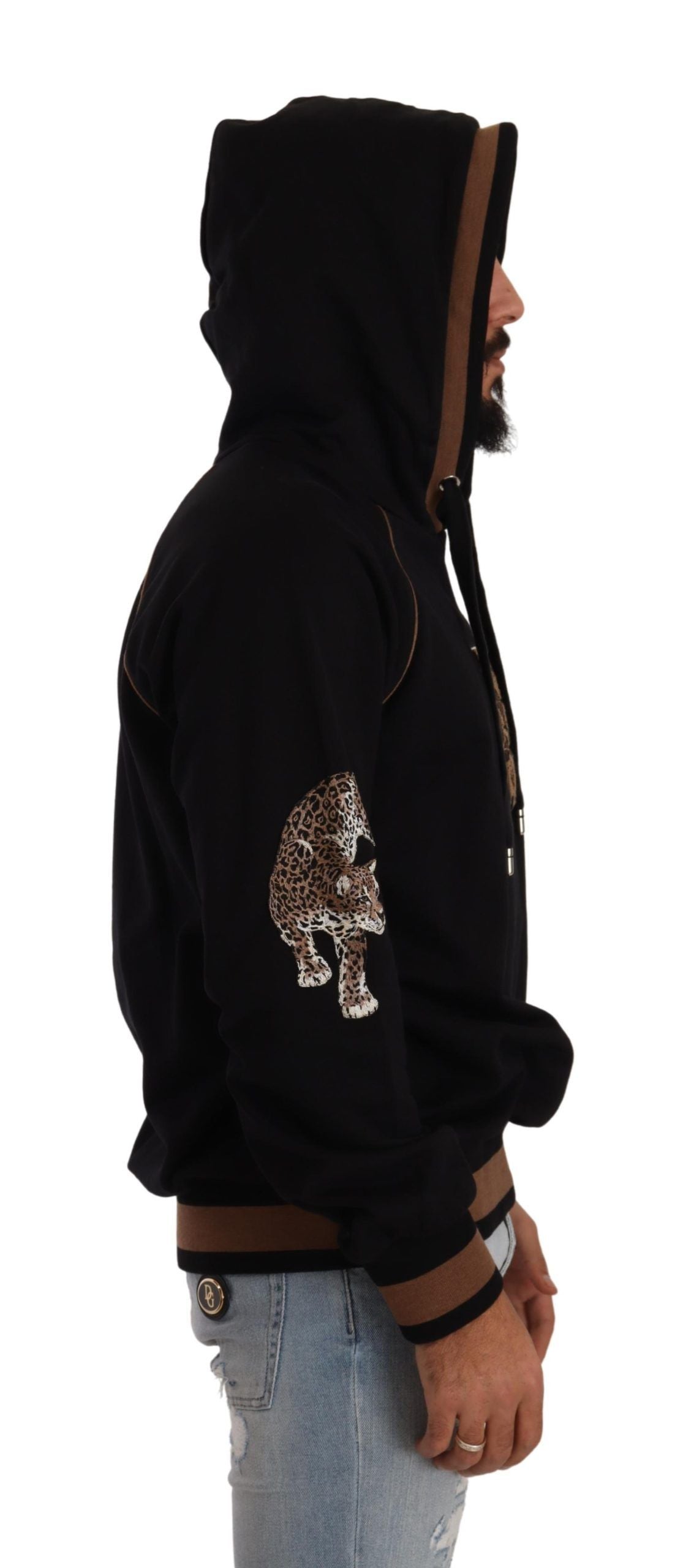 Dolce & Gabbana Black Brown Leopard Cotton Hooded Pullover Sweater Dolce & Gabbana