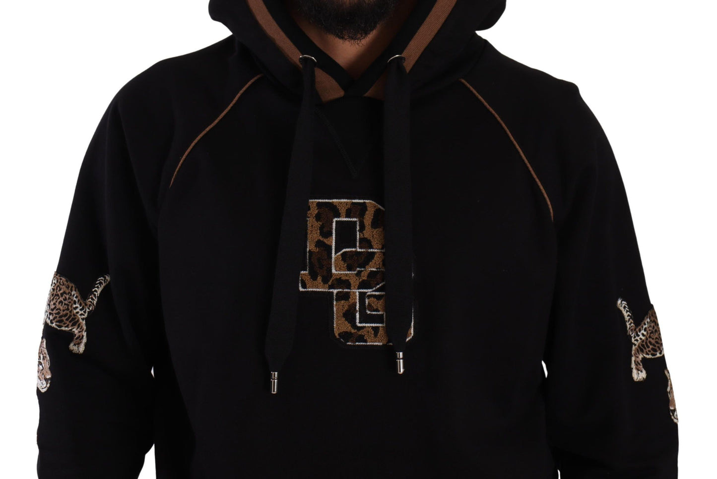 Dolce & Gabbana Black Brown Leopard Cotton Hooded Pullover Sweater Dolce & Gabbana