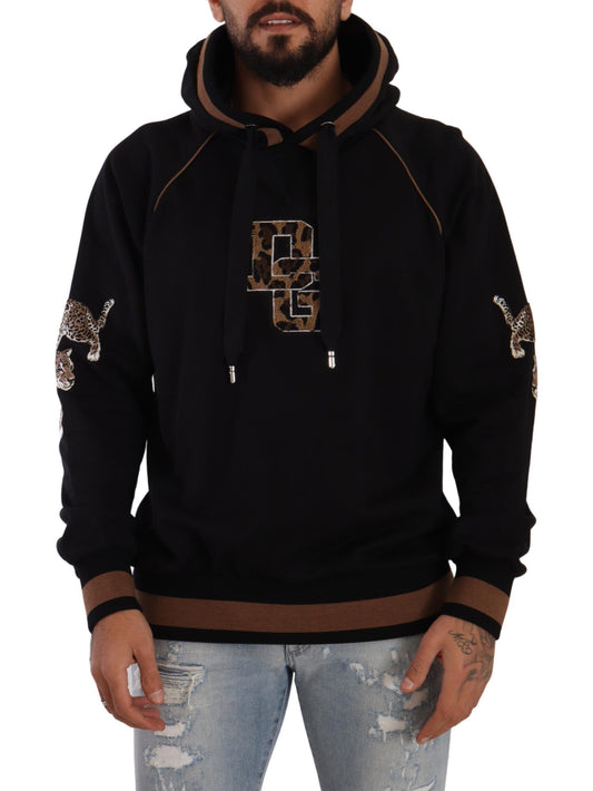 Dolce & Gabbana Black Brown Leopard Cotton Hooded Pullover Sweater Dolce & Gabbana