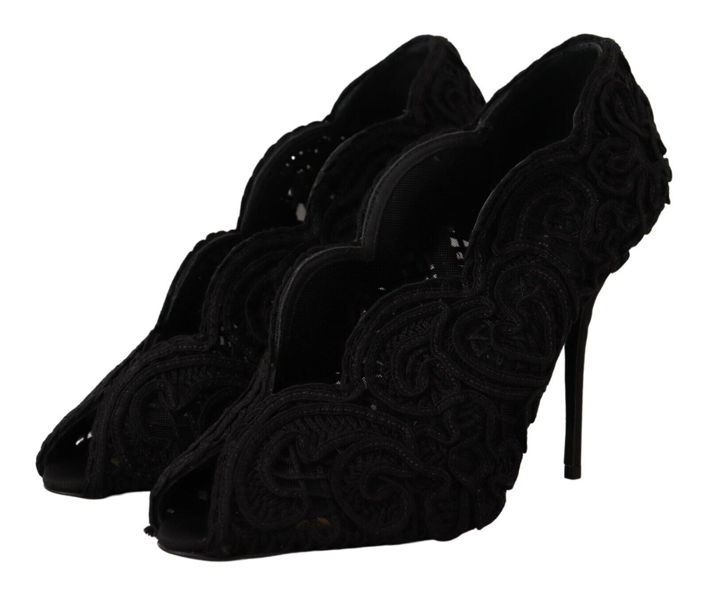 Dolce & Gabbana Black Cordonetto Ricamo Pump Open Toe Shoes Dolce & Gabbana