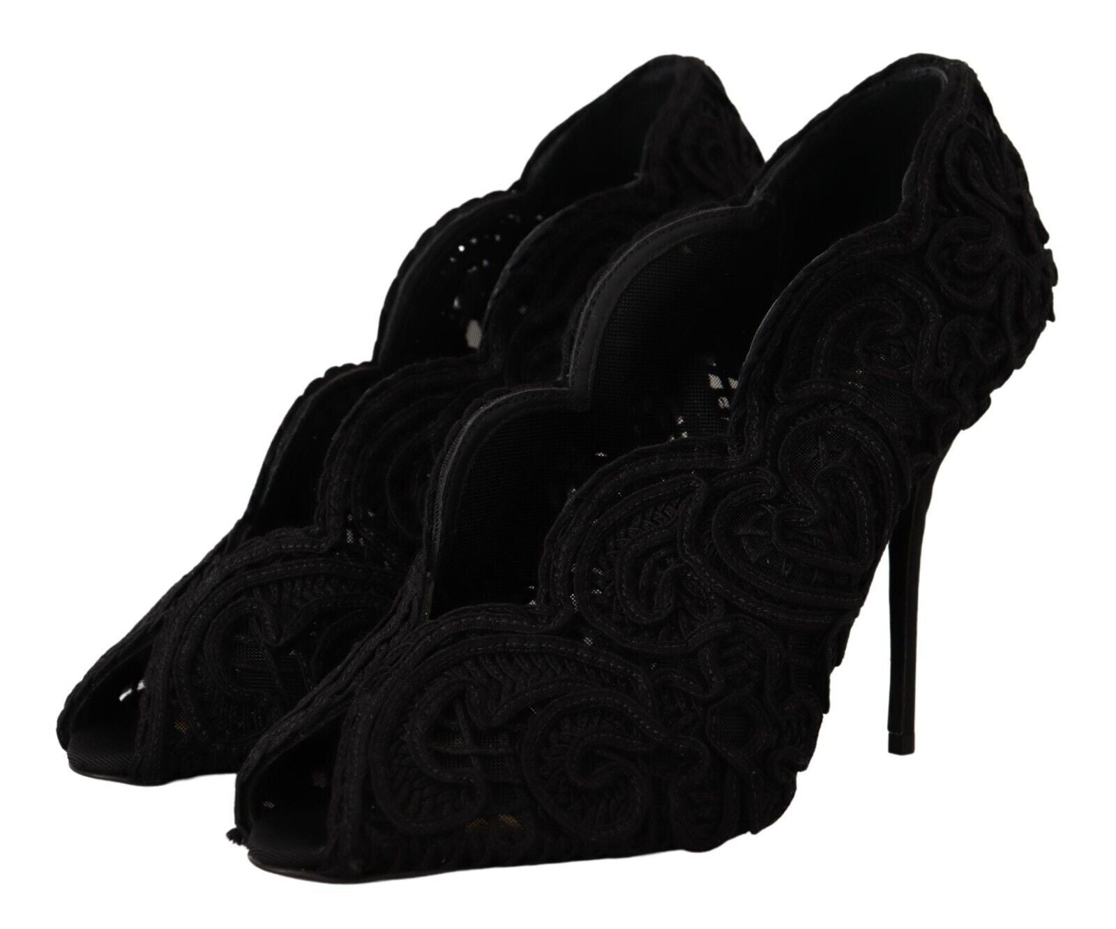 Dolce & Gabbana Black Cordonetto Ricamo Pump Open Toe Shoes Dolce & Gabbana