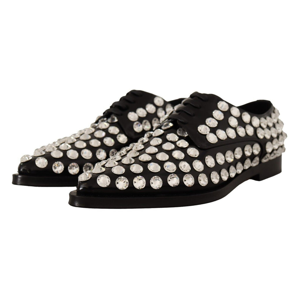 Dolce & Gabbana Black Leather Crystals Lace Up Formal Shoes