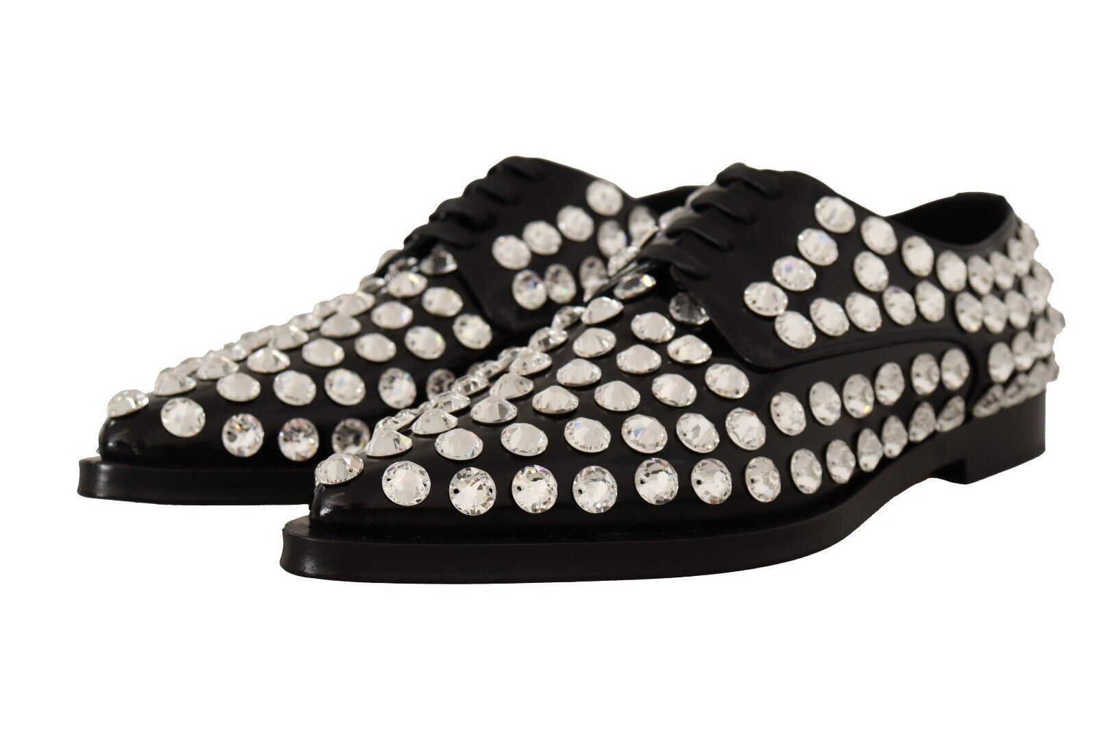 Dolce & Gabbana Black Leather Crystals Lace Up Formal Shoes Dolce & Gabbana