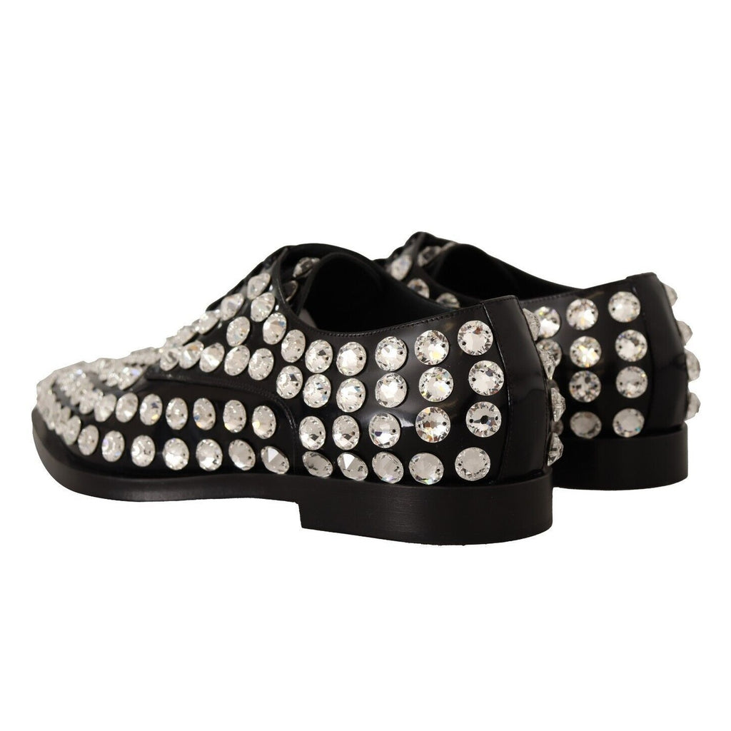 Dolce & Gabbana Black Leather Crystals Lace Up Formal Shoes