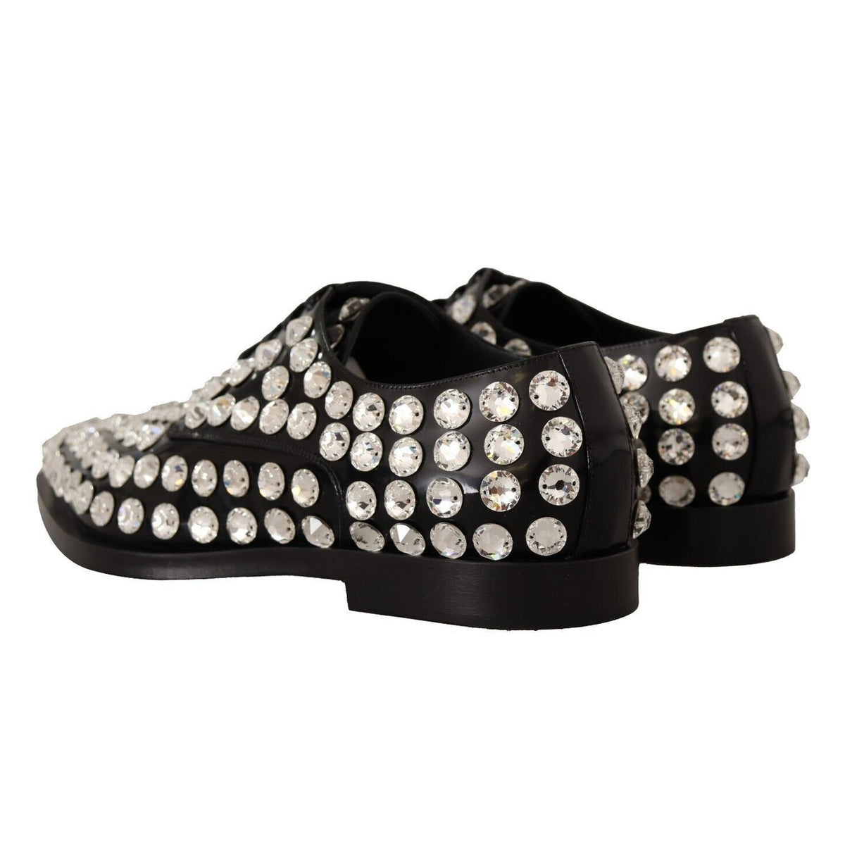 Dolce & Gabbana Black Leather Crystals Lace Up Formal Shoes