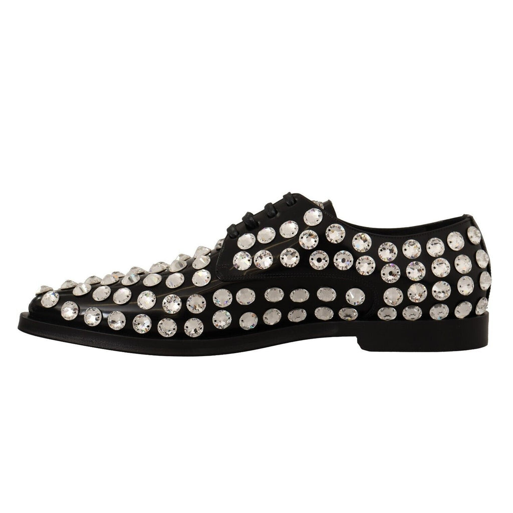 Dolce & Gabbana Black Leather Crystals Lace Up Formal Shoes