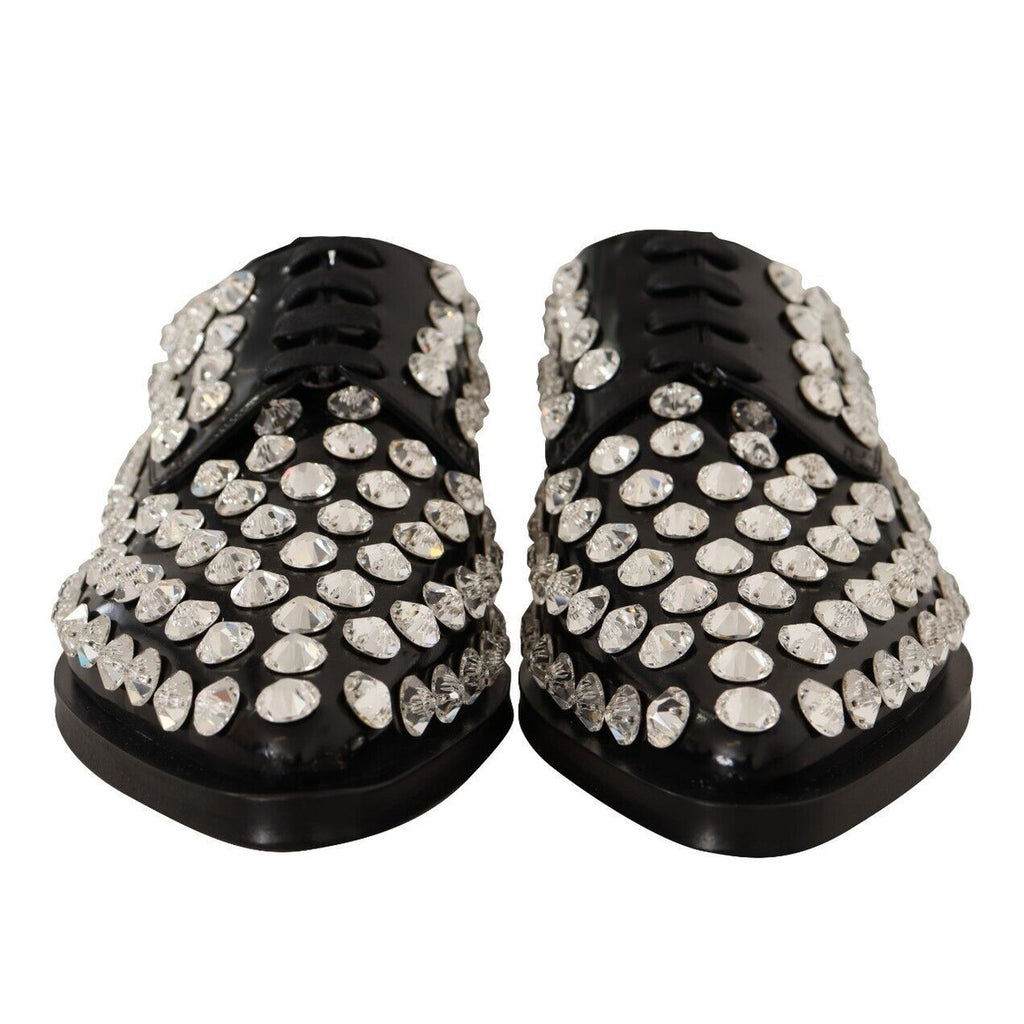 Dolce & Gabbana Black Leather Crystals Lace Up Formal Shoes