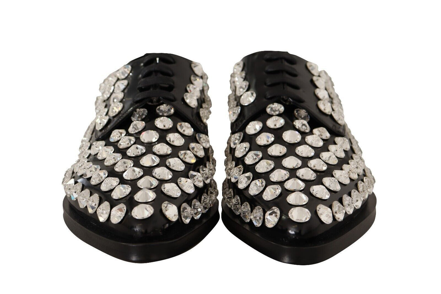Dolce & Gabbana Black Leather Crystals Lace Up Formal Shoes Dolce & Gabbana
