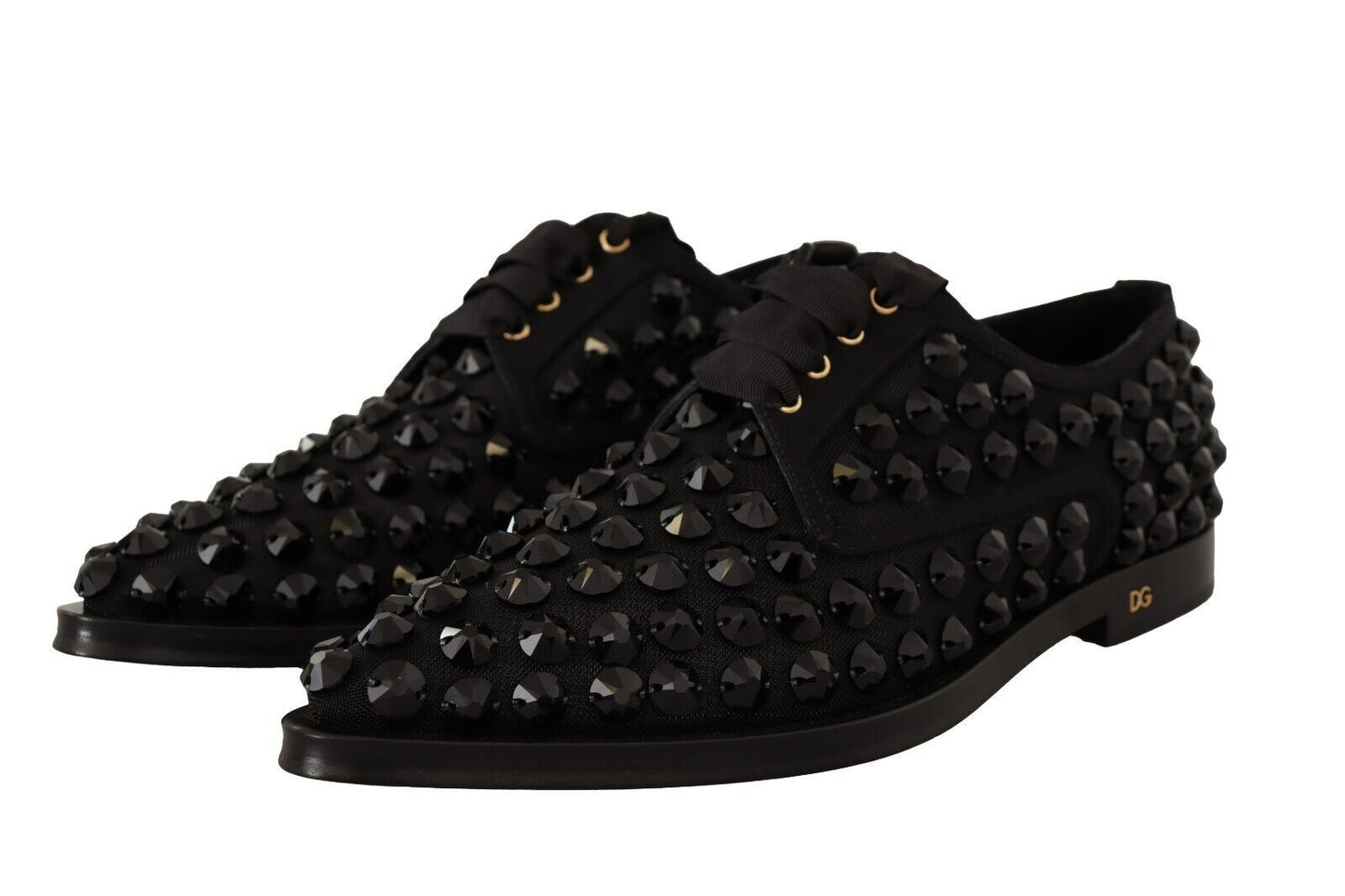 Dolce & Gabbana Black Lace Up Studded Formal Flats Shoes Dolce & Gabbana