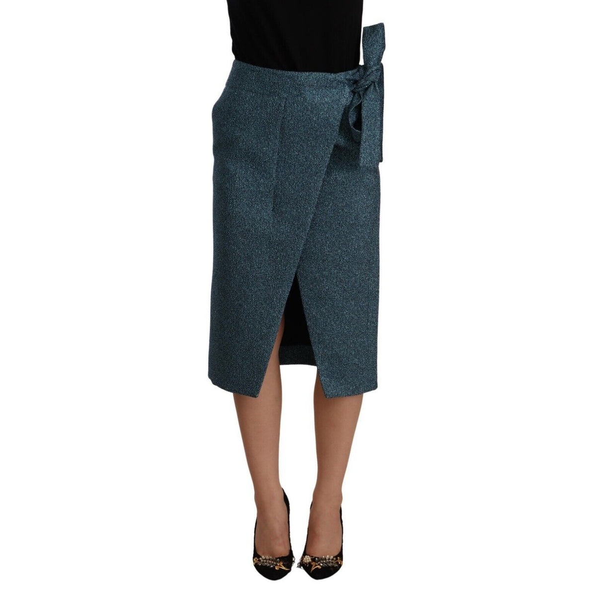 Koonhor Blue High Waist Pencil Straight Wrap Style Skirt