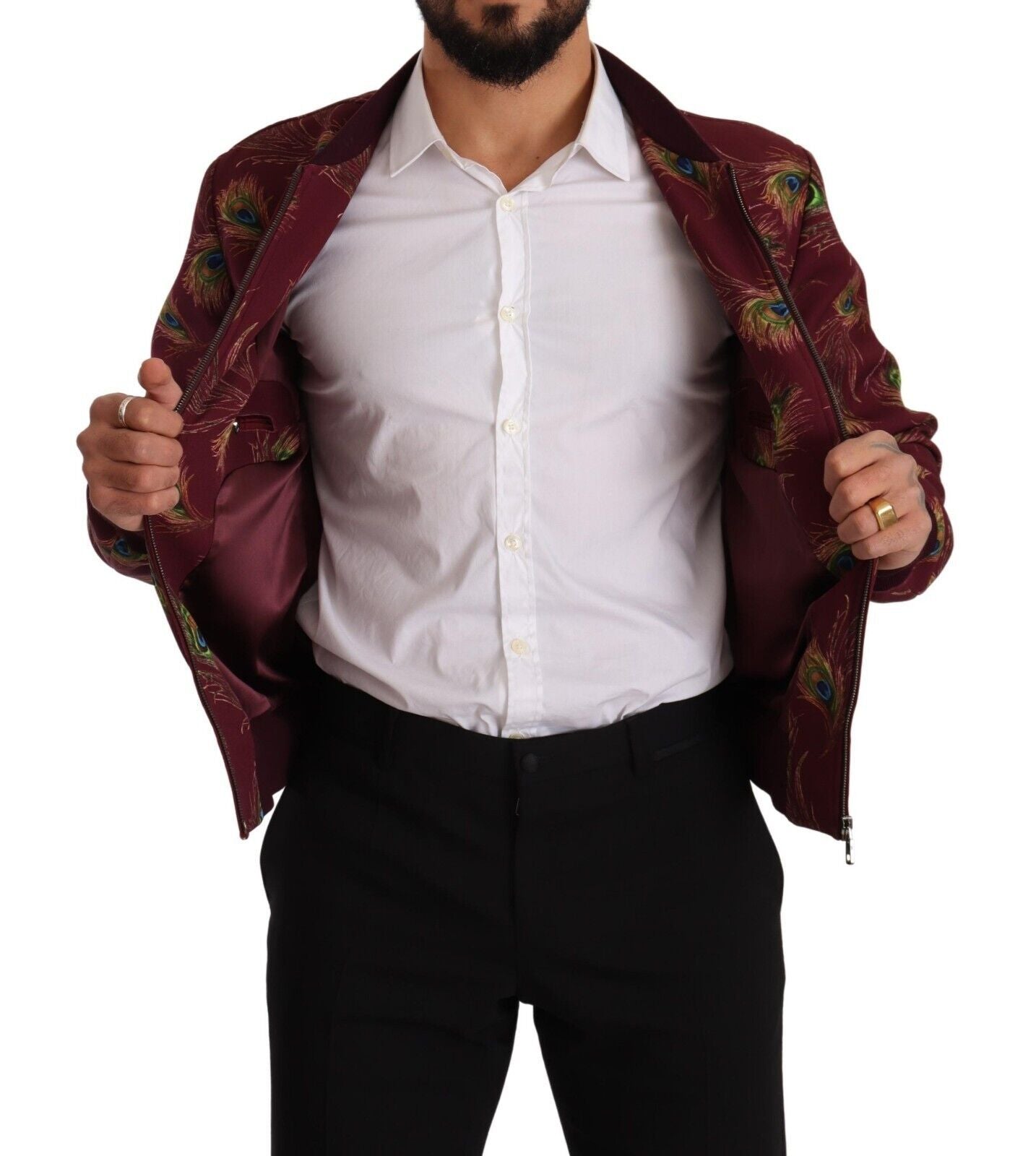Dolce & Gabbana Red Peacock Polyester Stretch Full Zip Jacket Dolce & Gabbana