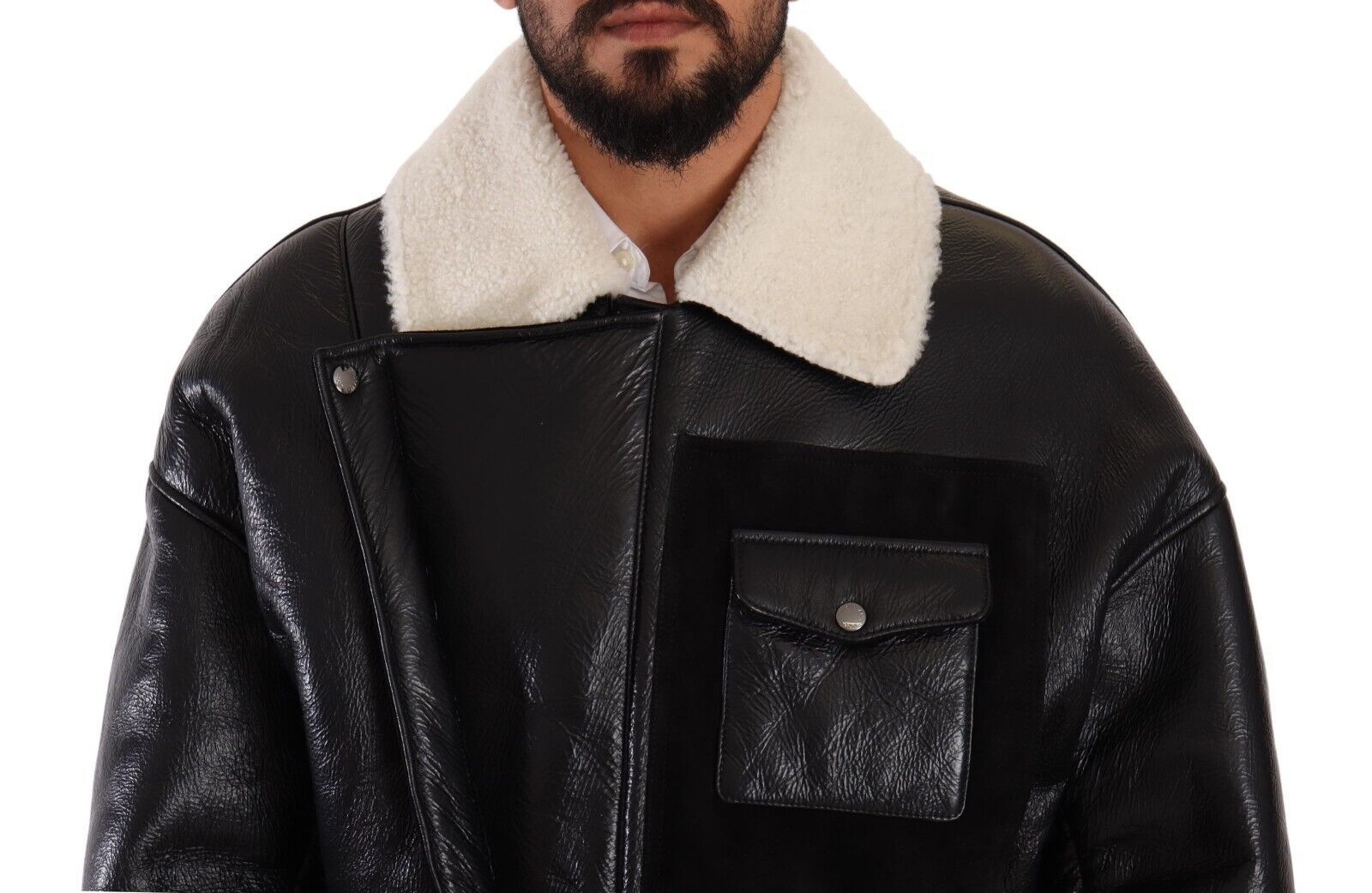 Dolce & Gabbana Black Leather Shearling Biker Coat Jacket Dolce & Gabbana