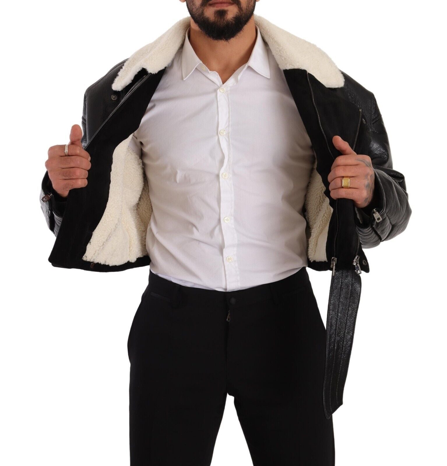 Dolce & Gabbana Black Leather Shearling Biker Coat Jacket Dolce & Gabbana