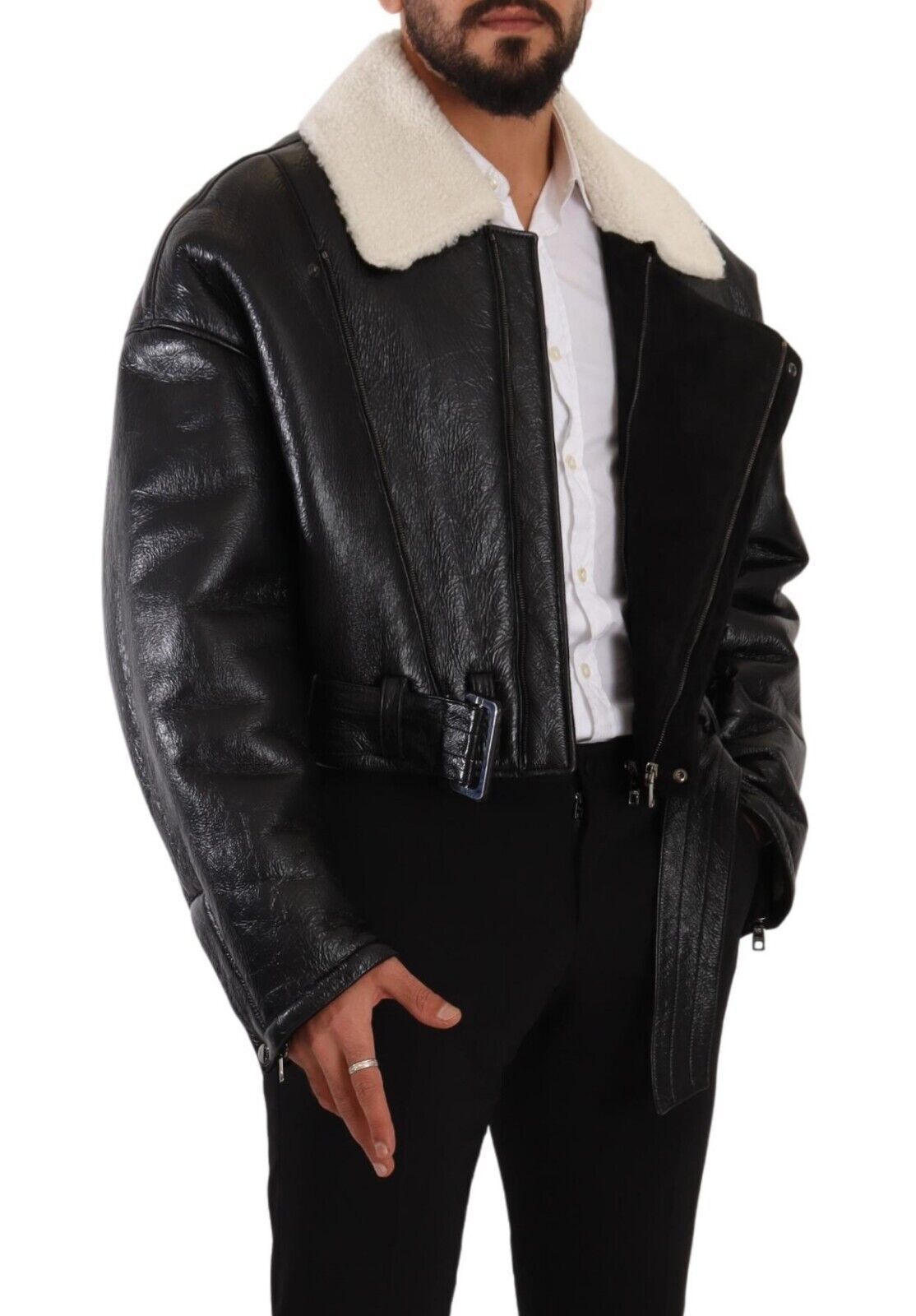Dolce & Gabbana Black Leather Shearling Biker Coat Jacket Dolce & Gabbana