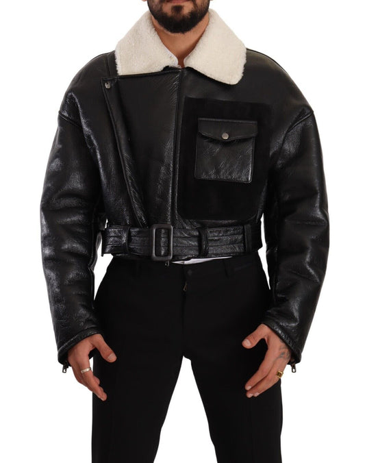 Dolce & Gabbana Black Leather Shearling Biker Coat Jacket Dolce & Gabbana