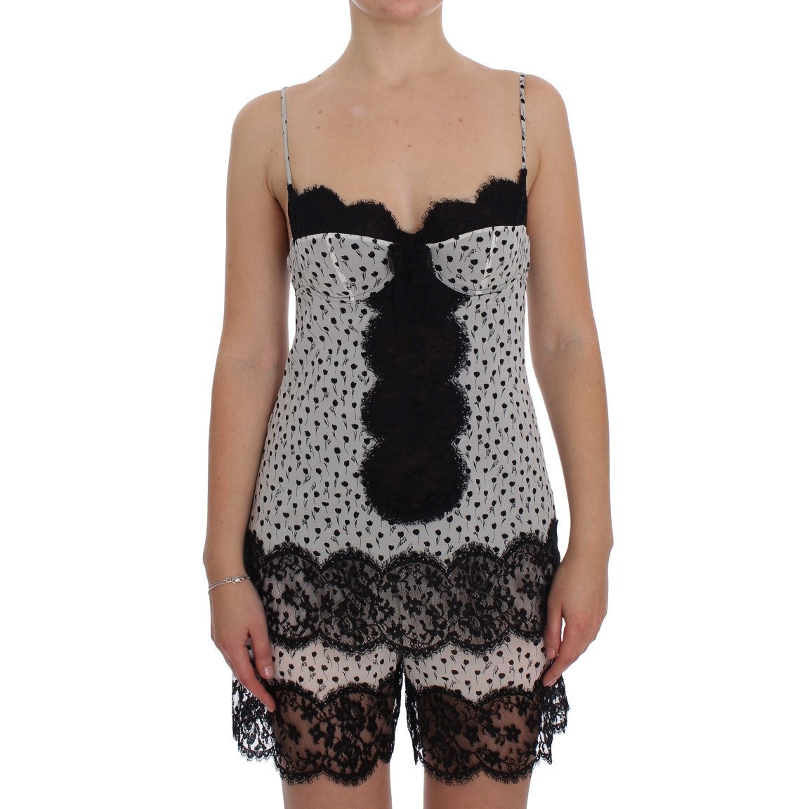 Dolce & Gabbana black silk lace babydoll lingerie top with delicate lace detailing and satin ribbon accents.