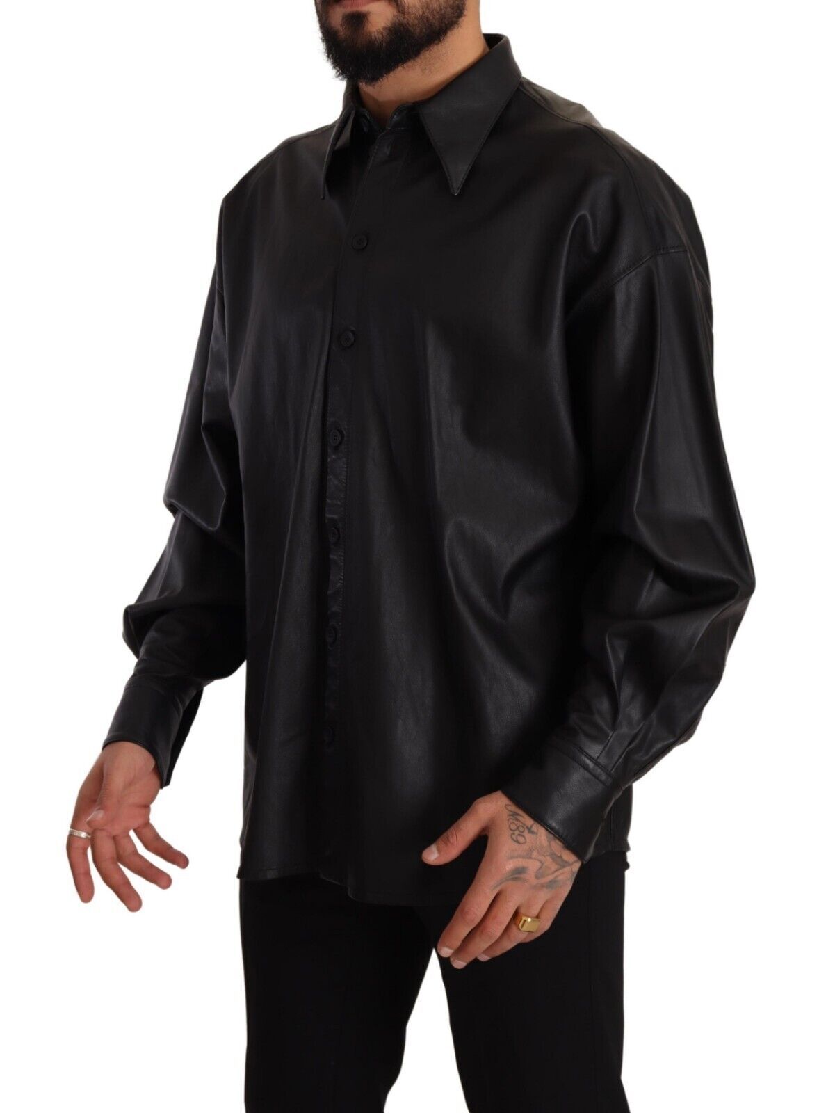 Dolce & Gabbana Black Leather Button Down Men Collared Jacket Dolce & Gabbana